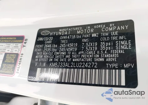 2020 Hyundai Tucson Sport из США, поврежденный, VIN KM8J33AL2LU224272